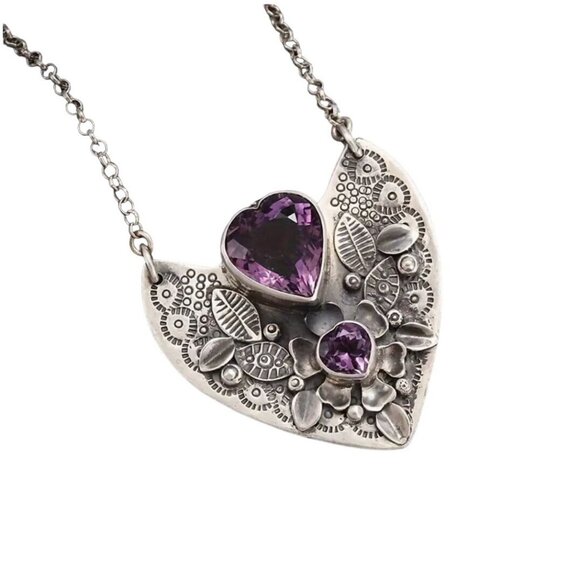 Heart Pendant Necklace With Violet Glass Gemstones & Intricate Floral Detailing - Picture 1 of 3